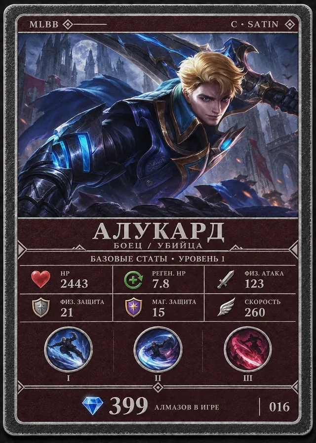 Алукард, тир C, Боец / Убийца. Базовые статы, уровень 1: HP 2443, Реген. HP 7.8, Физ. атака 123, Физ. защита 21, Маг. защита 15, Скорость 260. 399 алмазов в игре. Карта 016.