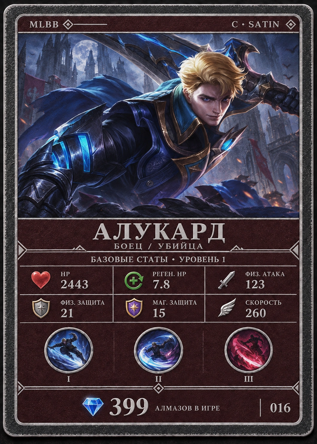Алукард, тир C, Боец / Убийца. Базовые статы, уровень 1: HP 2443, Реген. HP 7.8, Физ. атака 123, Физ. защита 21, Маг. защита 15, Скорость 260. 399 алмазов в игре. Карта 016.