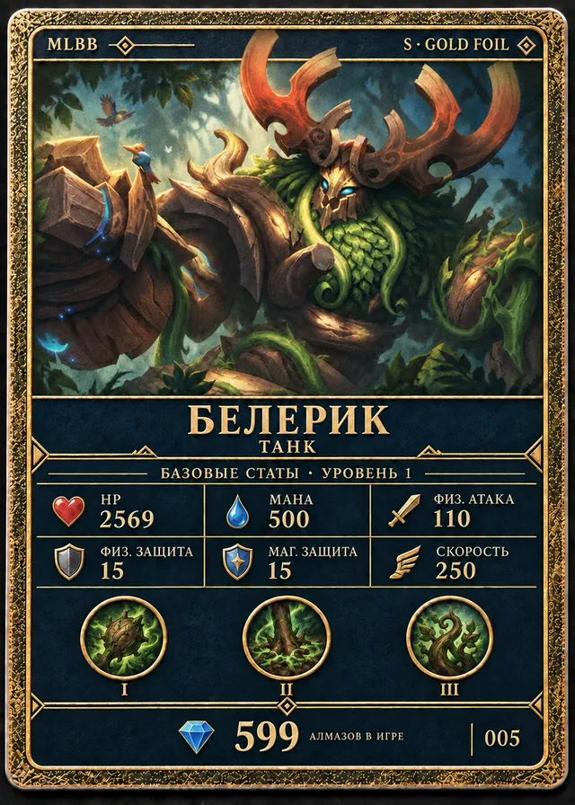 Белерик, тир S, Танк. Базовые статы, уровень 1: HP 2569, Мана 500, Физ. атака 110, Физ. защита 15, Маг. защита 15, Скорость 250. 599 алмазов в игре. Карта 005.