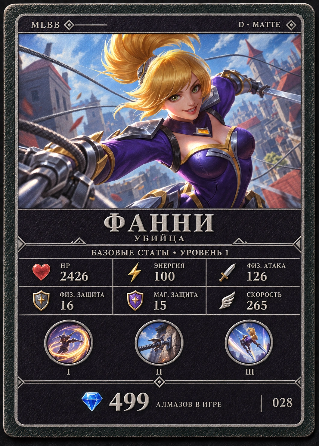 Фанни, тир D, Убийца. Базовые статы, уровень 1: HP 2426, Энергия 100, Физ. атака 126, Физ. защита 16, Маг. защита 15, Скорость 265. 499 алмазов в игре. Карта 028.