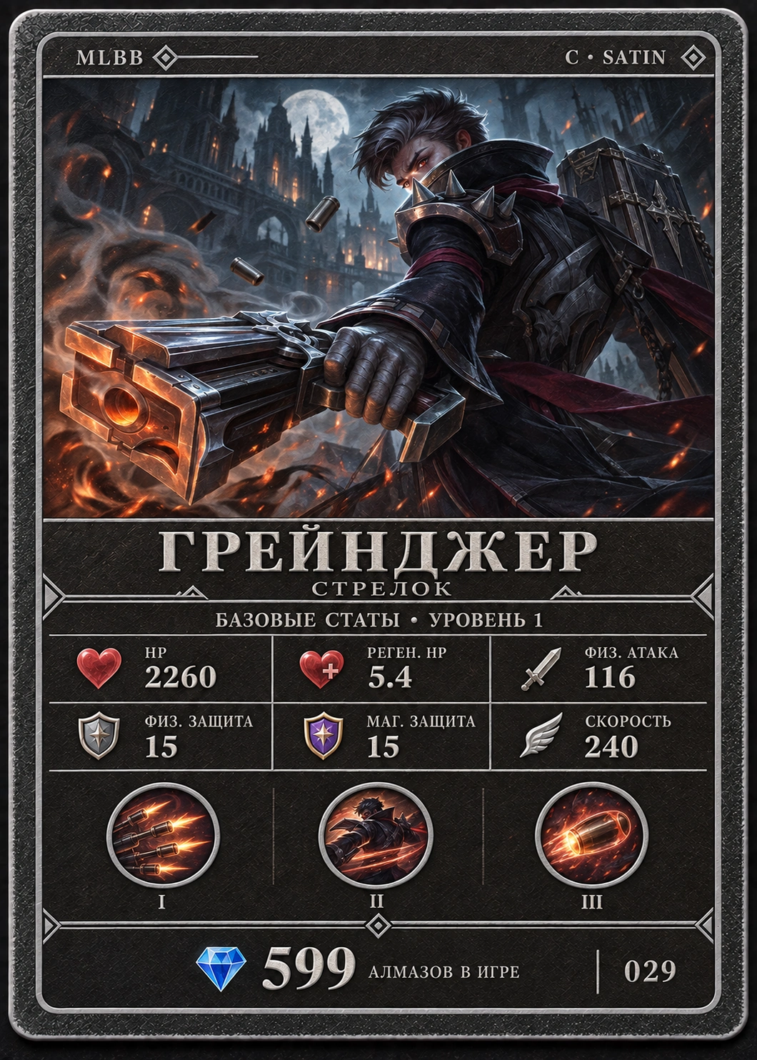 Грейнджер, тир C, Стрелок. Базовые статы, уровень 1: HP 2260, Реген. HP 5.4, Физ. атака 116, Физ. защита 15, Маг. защита 15, Скорость 240. 599 алмазов в игре. Карта 029.