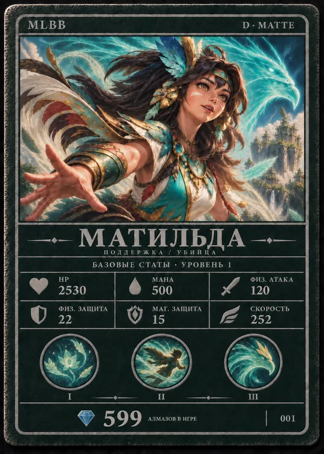 Матильда, тир D, Поддержка / Убийца. Базовые статы, уровень 1: HP 2530, Мана 500, Физ. атака 120, Физ. защита 22, Маг. защита 15, Скорость 252. 599 алмазов в игре. Карта 001.
