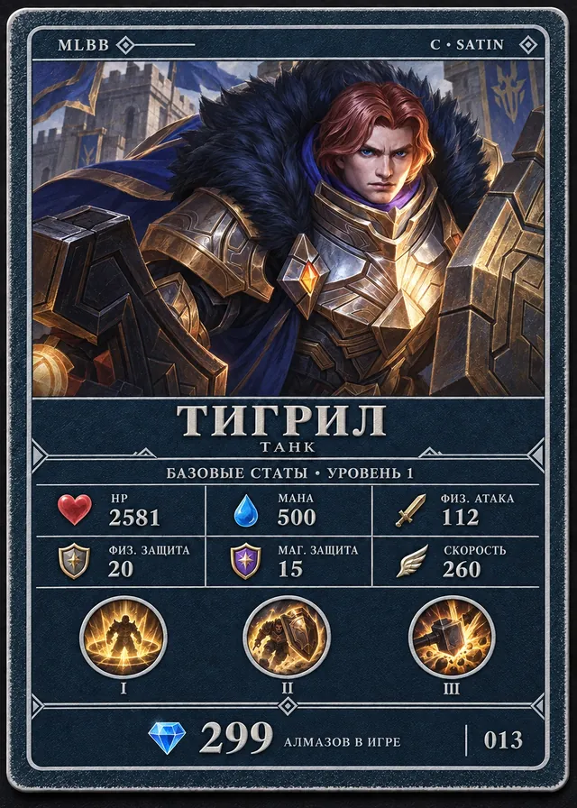 Тигрил, тир C, Танк. Базовые статы, уровень 1: HP 2581, Мана 500, Физ. атака 112, Физ. защита 20, Маг. защита 15, Скорость 260. 299 алмазов в игре. Карта 013.
