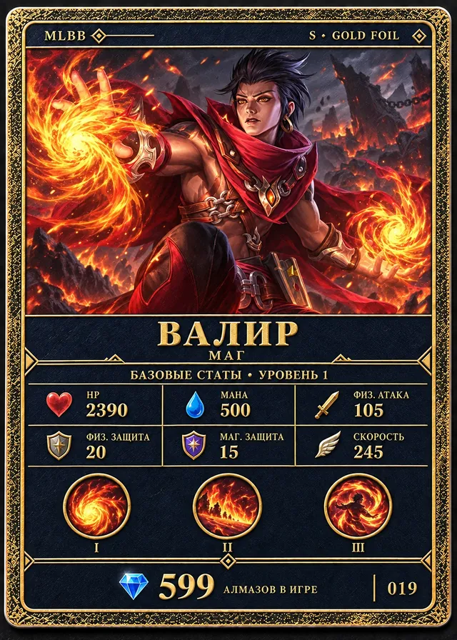 Валир, тир S, Маг. Базовые статы, уровень 1: HP 2390, Мана 500, Физ. атака 105, Физ. защита 20, Маг. защита 15, Скорость 245. 599 алмазов в игре. Карта 019.